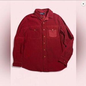 Vintage Polo Country Ralph Lauren Corduroy Shirt L Burgundy Red Elbow Patch USA